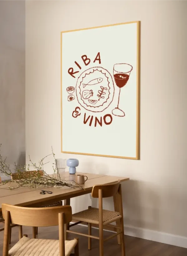 Crtež sa ispisom Riba i vino - slika na zidu x large